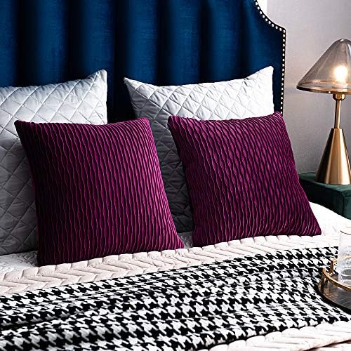 DEZENE 24x24 Purple Throw Pillow Cases: Pack of 2 Vertical Ripple Striped Velvet Square Decorative Pillow Covers for Farmhouse Couch Sofa Bed Living Room Home Decor - Image 4