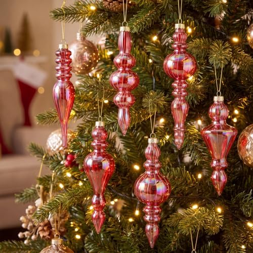 Soaoo 6 Pcs 6.3 in Iridescence Red Mercury Glass Finial Christmas Ornaments - Image 6