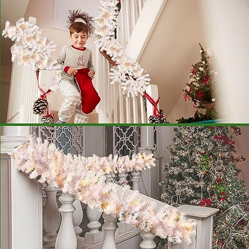 Hotop 9 ft Faux Spruce Artificial Christmas Garland LED Warm Pine Prelit Battery Operated Lighted Garland for Seasonal Indoor Home Fireplace Mantle Tree Stair Decor(4 Pcs,White) - Image 6