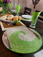 Senegal Placemats/African Bohemian Woven Seagrass Placemats/Natural Wicker Round Basket Placemats/Decorative Hanging Wicker Plates/Hanging Wall Decor (Green & White) - Image 7