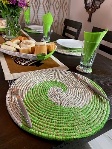 Senegal Placemats/African Bohemian Woven Seagrass Placemats/Natural Wicker Round Basket Placemats/Decorative Hanging Wicker Plates/Hanging Wall Decor (Green & White) - Image 7