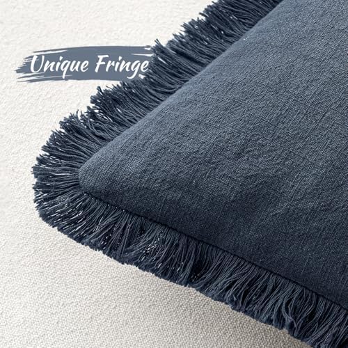 MIULEE Boho Linen Fringe Decorative Throw Pillow Covers Indigo Blue 18x18 - Image 3
