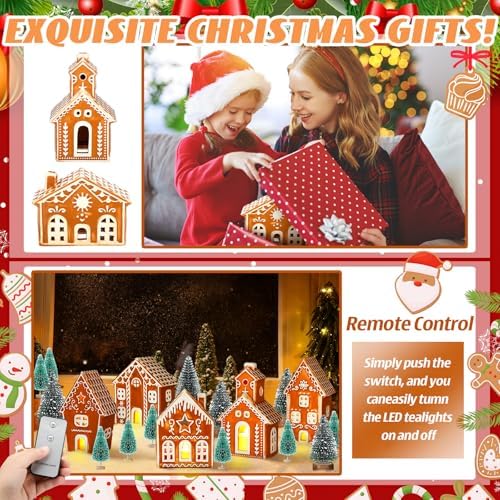 WILLBOND 29 PCS LED Gingerbread Christmas Village Sets 8 Lighted Ceramic Gingerbread Village Houses with Remote Control and 13 Trees Christmas Figurines Decor for Home Tabletop Mantel Shelf Decor - Image 5