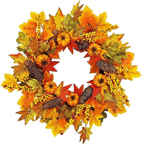 GLLBTPT 20in Fall Wreath Full Handcrafted Autumn Front Door Wreath with Pumpkins Maple Leaves Berries for Halloween Thanksgiving Harvest Decoration (Maple Leaf) by Thegoodlifebeginsfromnow