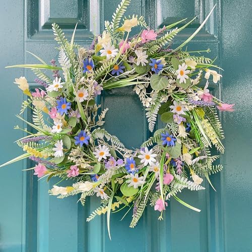 Spring Summer Wildflower Wreath for Front Door 18 Inch Artificial Colorful Flower Wreath for Indoor Outdoor Wall Festival Easter Home Farmhouse Wedding Decor (Green) - Image 3