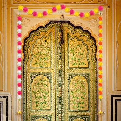 6 Sets Marigold Garland with Lotus Candle Holders for Diwali Pooja Puja - Image 3