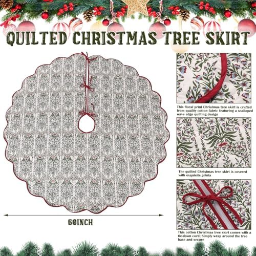 MiniInflat Quilted Christmas Tree Skirt - Vintage Floral Block Print Christmas Tree Skirt with Scalloped Edge Thicken Cotton for Home Decorations Holiday Party Gift(60 Inch,Gingham Floral,Prune Red) - Image 2