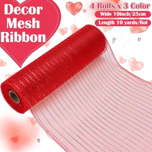 10 Pcs Valentine's Day Ribbon Including 4 Rolls Mesh Ribbon and 6 Rolls Heart Gnome Truck Wired Edge Wreath Metallic Wreath Wrapping Crafts for Valentine's Day Party Home Decorative DIY Craft - Image 2