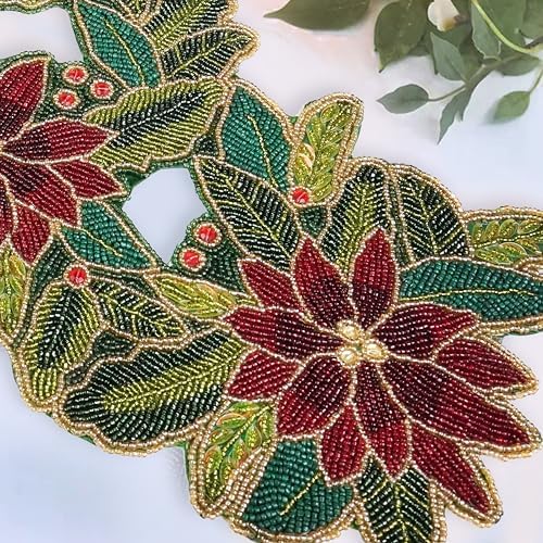 Lightnpro Poinsettia Beaded Table Runner - Festive 13" × 36" Holiday Decor in Maroon & Green - Elegant Farmhouse Christmas & Thanksgiving Dining Accent - Image 5
