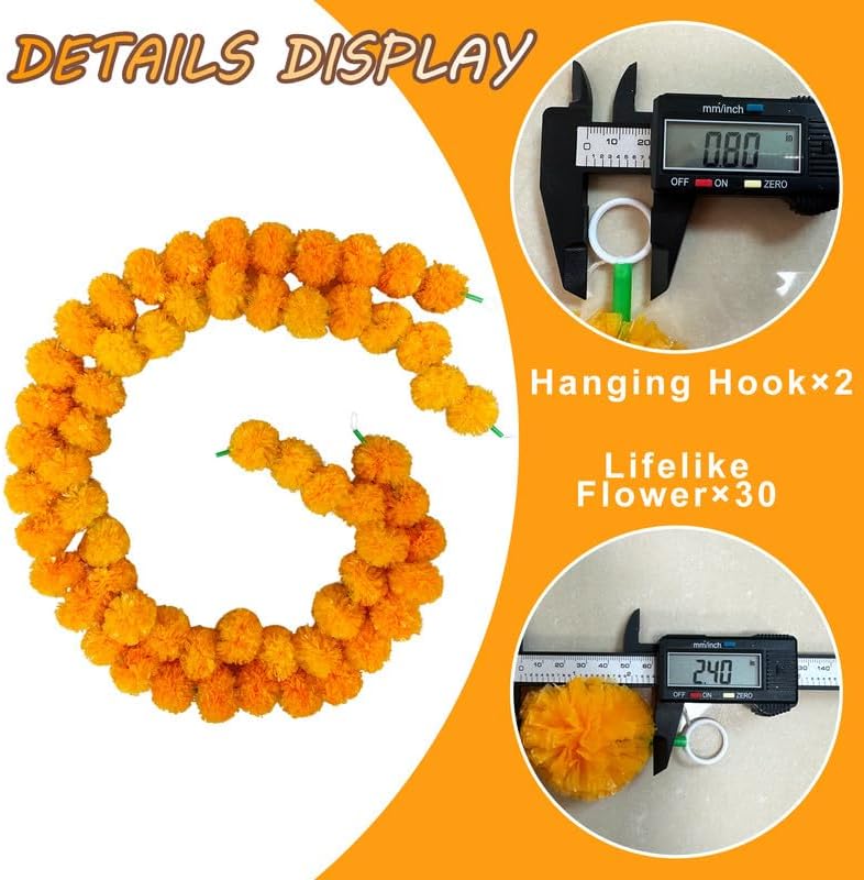 10 Pcs Artificial Marigold Garland for Decoration 5 ft Long Golden Yellow Indian Diawli Decorations for Home, Celebrations Events. Orange - Image 2