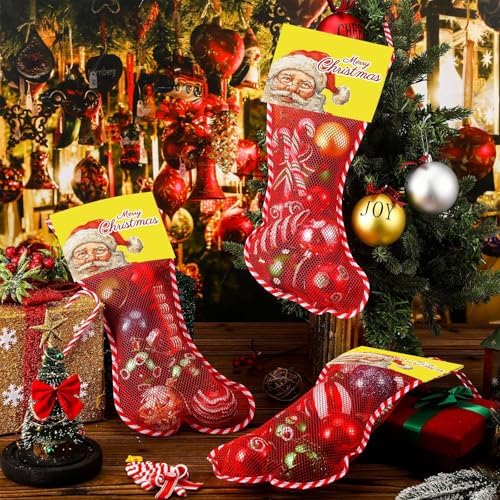 Leyndo 100 Pcs Long Mesh Christmas Stockings Bulk with 50 Christmas Stockings 50 18 Inches Santa Header Card Candy Cane Xmas Stocking for Event Gift Stuffing Family Holiday Party (Yellow) - Image 3