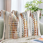 AmHoo Set of 2 Chenille Striped Textured Boho Throw Pillow Covers Aesthetic with Tassels Woven Decorative Pillow Case for Couch Bed Sofa Bedroom Modern Funky 18 x 18-Inch Brown by AmHootextile
