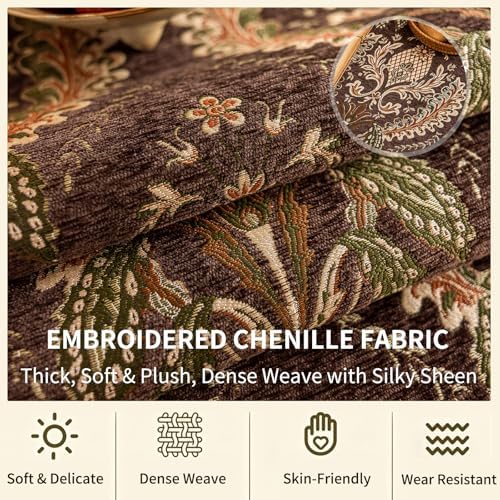 Floral Chenille Table Runner 72" Non-Slip with Tassels, Brown - Image 4