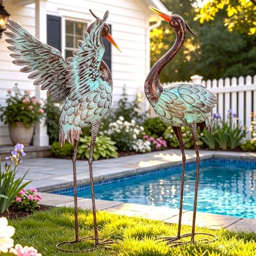 37" Blue Heron Statue Outdoor Decor, Large Metal Cranes, Patina - Image 3