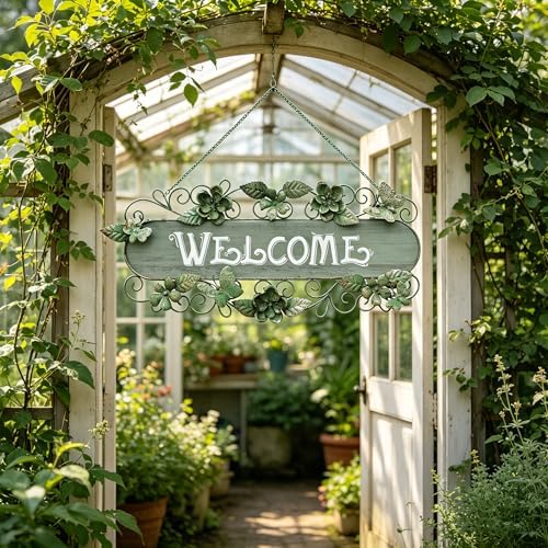 24.4"L Vintage Metal & Wood Hanging Welcome Sign, Rustic Farmhouse Distressed Wall Decor with Flower & Butterfly, Outdoor Decoration for Garden Porch Patio Yard - Image 4