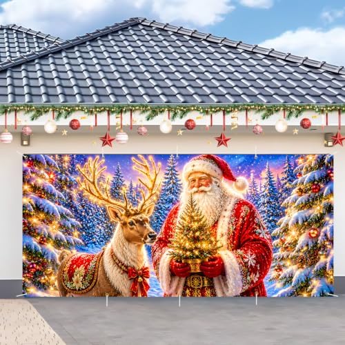 7x16FT Christmas Santa Deer Garage Door Cover Decorations Christmas Garage Door Banner for Outdoor Indoor Christmas Decorations Party Photography Backdrop by ANNAQUEEN