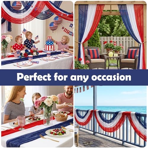 RunNico 4 Pack 4th of July Cheesecloth Table Runner - 120" Long Rustic Patriotic Gauze Table Decor - Red White Blue Tie Dye for Independence Day, Memorial Day, Summer Party - Image 3