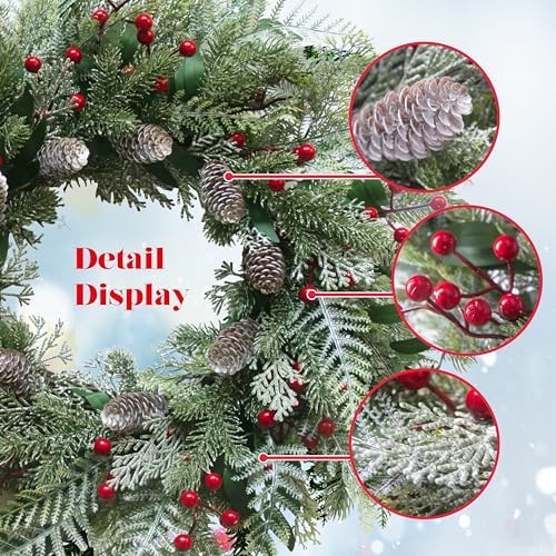 24 Inch Snow Flocked Christmas Wreath with Pine Cones & Red Berries - Image 2