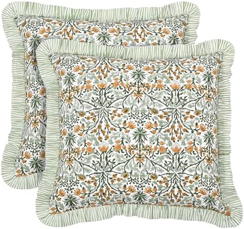 Ridhi Block Print Goldenrod Yellow Throw Pillow Cover 16" x 16" (Pack of 2) Decorative Cushion Covers with Ruffle for Couch, Sofa, Bed, Living Room, Home Decor Gift for Spring, Easter, Valentine by Ridhi