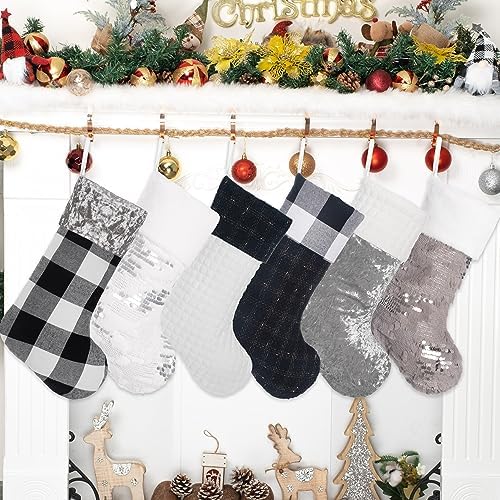 LUBOT 6 Pack Christmas Stockings Large Family Xmas Stocking Black White Gray Contrast Match Flannel Plaid Plush Sequins Hanging for Decorations Holiday - Image 2