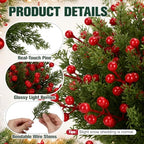 500 Pcs Artificial Christmas Snow Pine Branches with Red Berry Stems 10.6" Snowy Faux Greenery Pines Christmas Picks and Sprays Fake Foliage Pine Needle Picks for Wreaths Garland Home Decor - Image 3