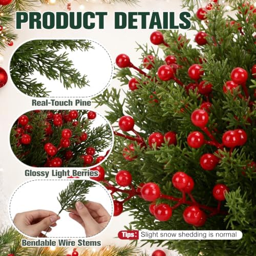500 Pcs Artificial Christmas Snow Pine Branches with Red Berry Stems 10.6" Snowy Faux Greenery Pines Christmas Picks and Sprays Fake Foliage Pine Needle Picks for Wreaths Garland Home Decor - Image 3