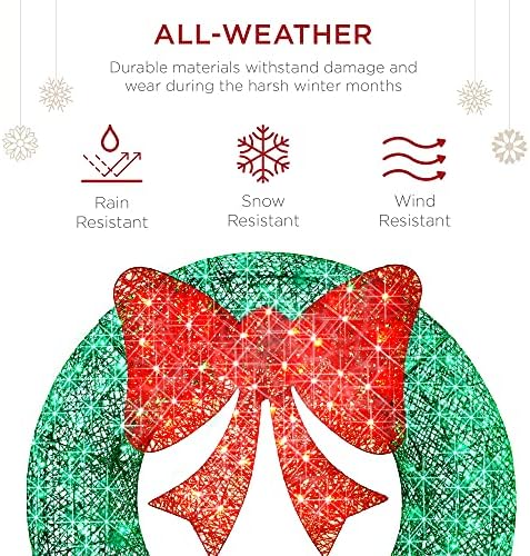 Best Choice Products 48in Pre-Lit Outdoor Christmas Wreath Decoration, LED Metal Holiday Decor for Home w/ 140 Lights, Bow - Green/Red - Image 5