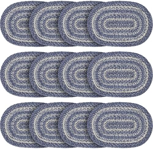 VHC Brands Farmhouse Great Falls Blue Table Placemat, Blue White, Jute Blend, Oval, 12x18 Inches, 12 Pack 12 Pack by VHCBrands