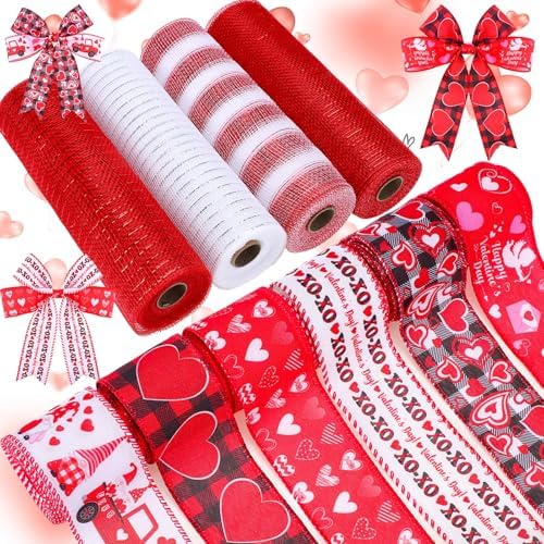 10 Pcs Valentine's Day Ribbon Including 4 Rolls Mesh Ribbon and 6 Rolls Heart Gnome Truck Wired Edge Wreath Metallic Wreath Wrapping Crafts for Valentine's Day Party Home Decorative DIY Craft by Yuefunny