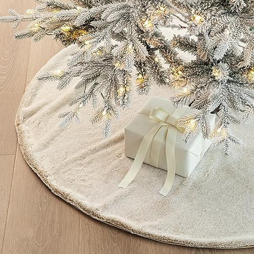 Glitzhome 48”D Milk Coffee Brown Christmas Tree Skirt,Large Faux Rabbit Fur Rustic Xmas Tree Skirt for Christmas Home Party Holiday Decorations - Image 5