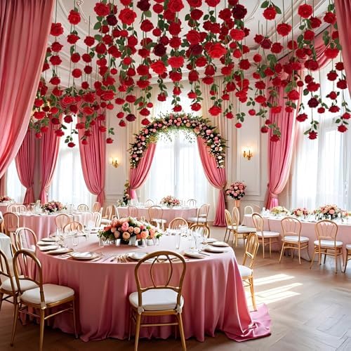 Lyrow 60 Pack Red Roses Artificial Flowers Bulk Hanging Floating Garland Fake Red Rose Vine for Ceiling Decoration Wedding Anniversary Bridal Bouquet DIY Floral Arrangement Proposal Romantic Decor - Image 5