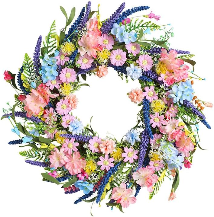Spring Summer Wildflower Wreath for Front Door 18 Inch Artificial Colorful Flower Wreath for Indoor Outdoor Wall Festival Easter Home Farmhouse Wedding Decor (Pink) by PQIQP