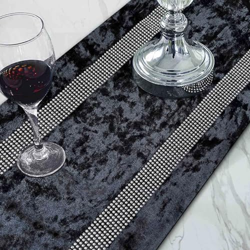 Elegant Black Table Runner, Ombre Velvet, Sequin Rhinestone, 13"X120" - Image 2