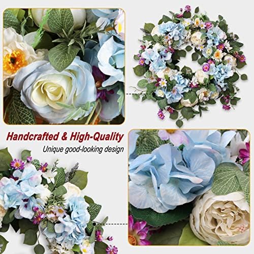 24" Spring Summer Wreaths for Front Door,Spring Summer Door Wreaths,Large Blue Hydrangea Wreaths for Outdoor Porch Farmhouse Home Decor - Image 6