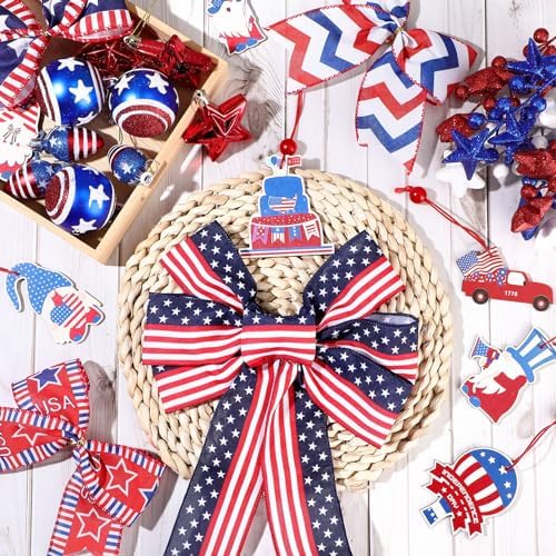 43 Pcs 4th of July Patriotic Tree Decorations Independence Day Christmas Tree Ornaments Ribbon Bow Topper Red White and Blue Hanging Ornaments for National Memorial Day Party - Image 4