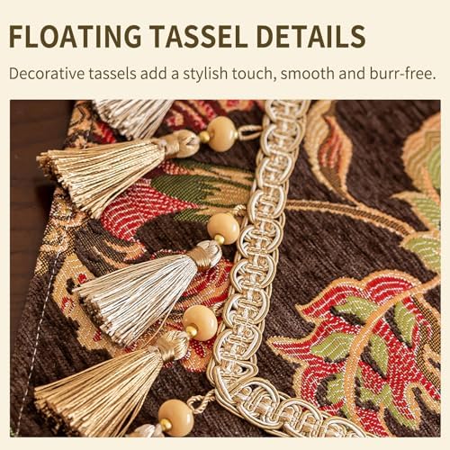 Floral Embroidered Table Runner 72" Non-Slip Tassels, Dark Brown - Image 5