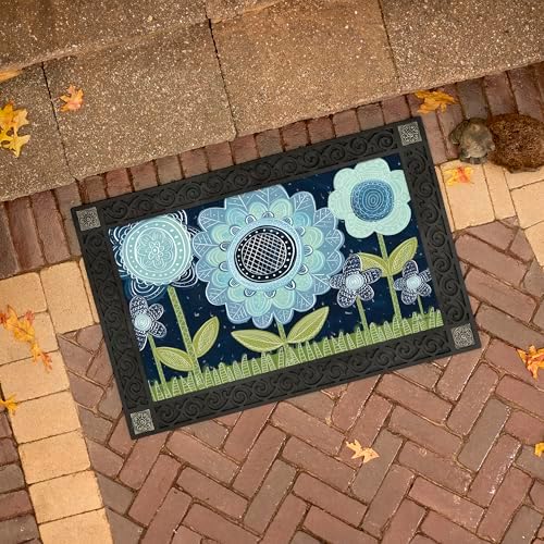 Studio M MatMates Decorative Folk Art Floral Floor Mat Insert Indoor or Outdoor Doormat Recycled Rubber Backing 18 x 30 Inch Blue Flowers - Image 2