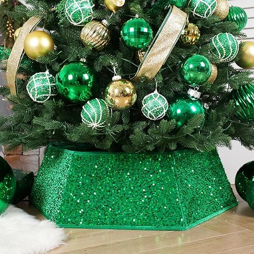 Transform Your Christmas Tree with Sunshine's Sparkling Sequin Tree Skirt - 33.5" Large Size, Christmas Tree Collar for Holiday Home Decor(Green) by SunshineDecor