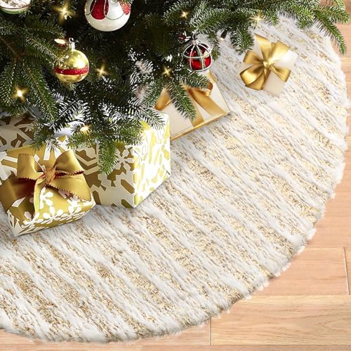 Dremisland Christmas Tree Skirt 48In White&Gold Luxury Faux Fur Tree Skirt by Dremisland
