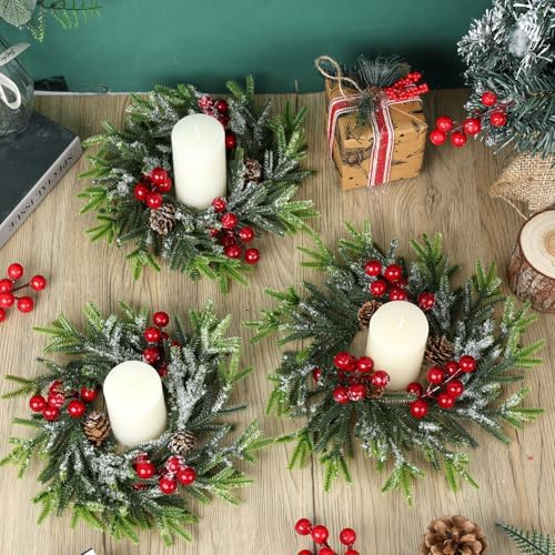 18 Pcs Christmas Candle Rings Wreath Mini Christmas Table Centerpieces Red Berry Pinecones Wreaths for for Front Door Kitchen Cabinet Holiday Party Farmhouse Porch Wall Outdoor Indoor Home Decoration - Image 2