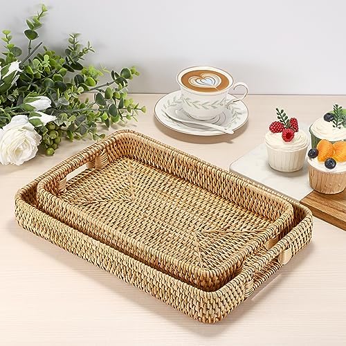 Hipiwe Large Woven Rattan Serving Tray Wicker Basket Organizer, 13.4"x9.5" - Image 2