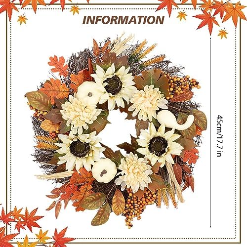 GLLBTPT Fall Wreath Full Handcrafted Autumn Front Door Wreath with Pumpkins Sunflower Berries for Halloween Thanksgiving Harvest Decoration (Sunflower) - Image 2
