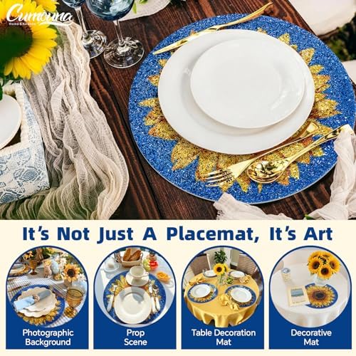 15" Sunflower Rhinestones Placemats Set of 4, Round,Blue Yellow - Image 5