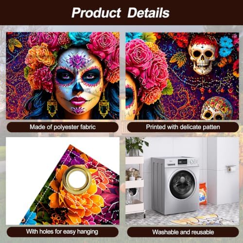 Mexican Day of the Dead Garage Door Banner 7x16ft, Dia de los Muertos Catrina Skull Bride Outdoor, Sugar Skull Altar Candle Double Garage Door Cover Tapestry Mural for House Front Holiday Decor - Image 4