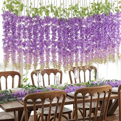 mizii 6Pcs Purple Wisteria Hanging Flowers 48" Silk Wisteria Artificial Flowers Garland Vines Fake Hanging Flowers Decoration for Wedding Flower Wall Backdrop Centerpieces Party Room Decor (Purple) - Image 3