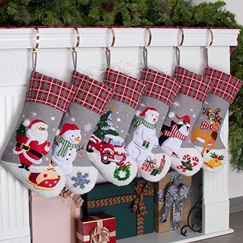 BHD BEAUTY Burlap Christmas Stocking Set of 6 Gray Plaid Soft Faux Fur Lovely Embroidery Pattern for Family Decorations Hanging Ornament for Xmas Holiday Party 20 inches - Image 2