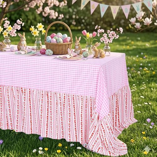 Fanqisi Waterproof Plaid Tablecloth Red Ruffle Table Cloth - 80 x 120 Inch Gingham Checker Tablecloths Rectangle Washable Polyester Table Cover for Birthday Wedding Picnic Easter Party Decoration by Fanqisi