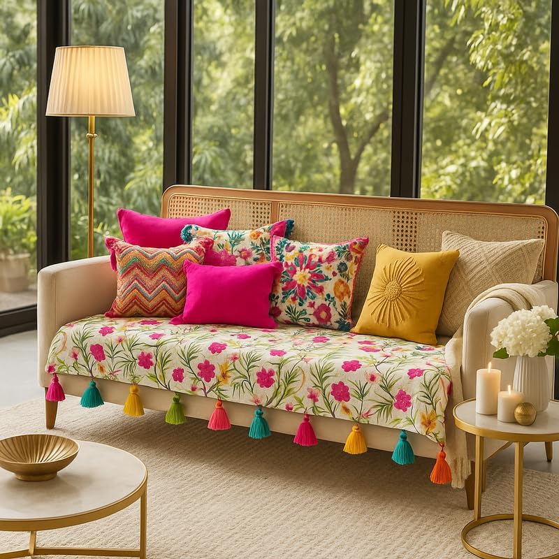 WWW.THROWPILLOW.IN Multicoloured Floral Festive 2 Seater Sofa Cover Two Throw - Diwali Home Decor- Seat Cover-Fits Seat- 1 Piece by THROWPILLOW