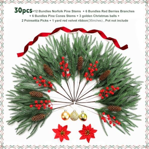 30PCS Christmas Real Touch Norfolk Pine Stems with Pinecones Berry Stems - Image 3