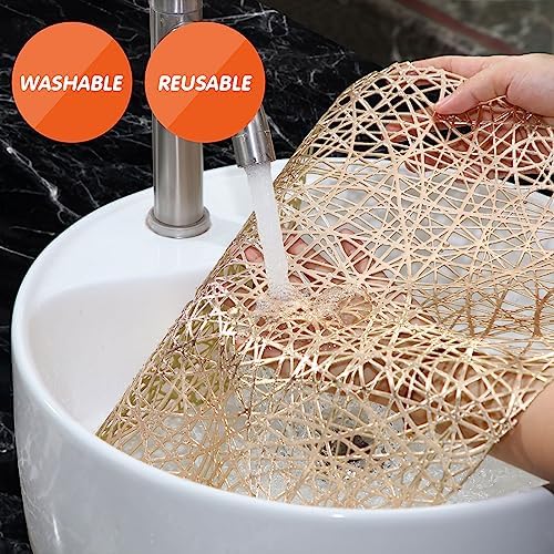 Sieral 48 Packs Gold Round Placemats 15 Inch Hollow Out Pressed Vinyl Place Mats Heat Resistant Woven Gold Placemats for Christmas Dinner Table Winter Holiday Party Wedding Centerpiece Decoration - Image 3